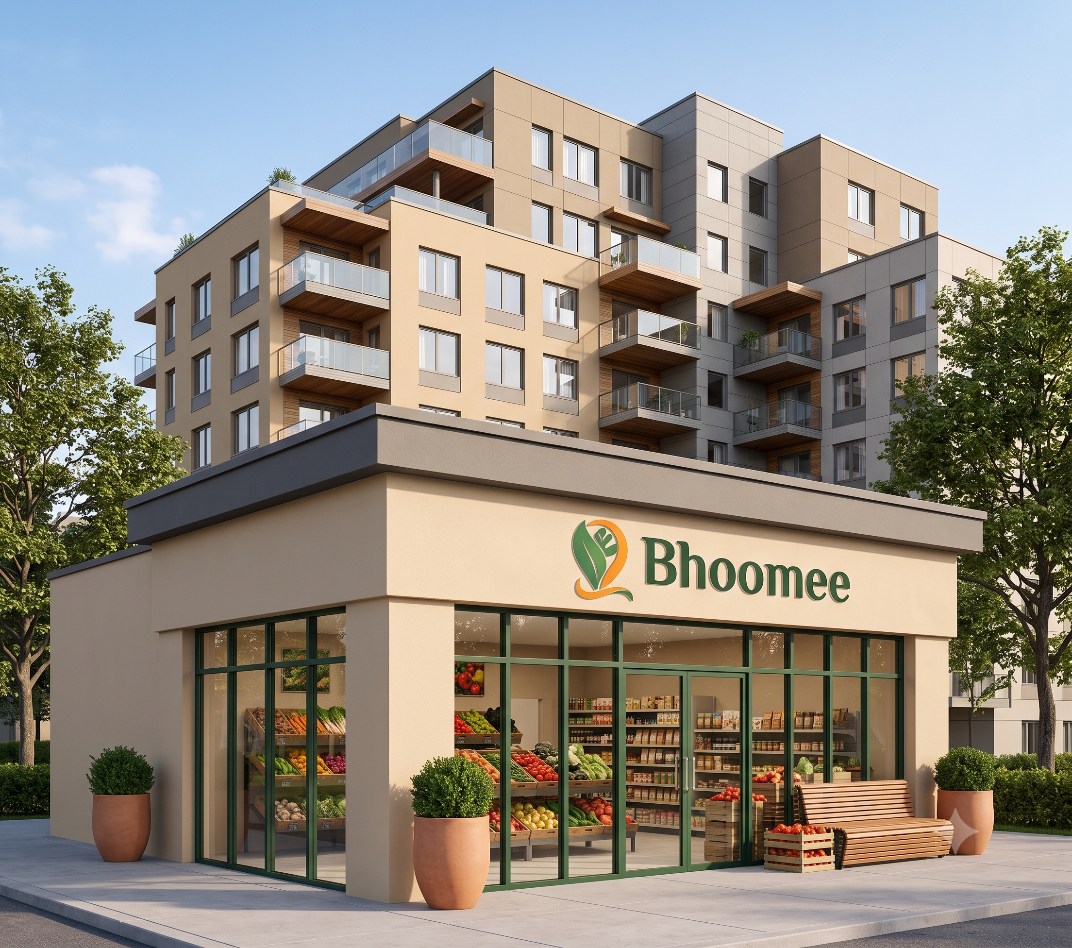 A Bhoomee outlet at the base of a large apartment community