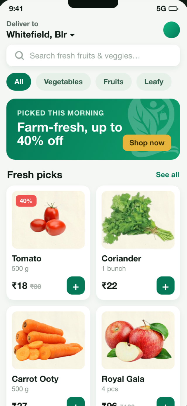 Bhoomee Store app home screen — search, categories and farm-fresh picks with prices