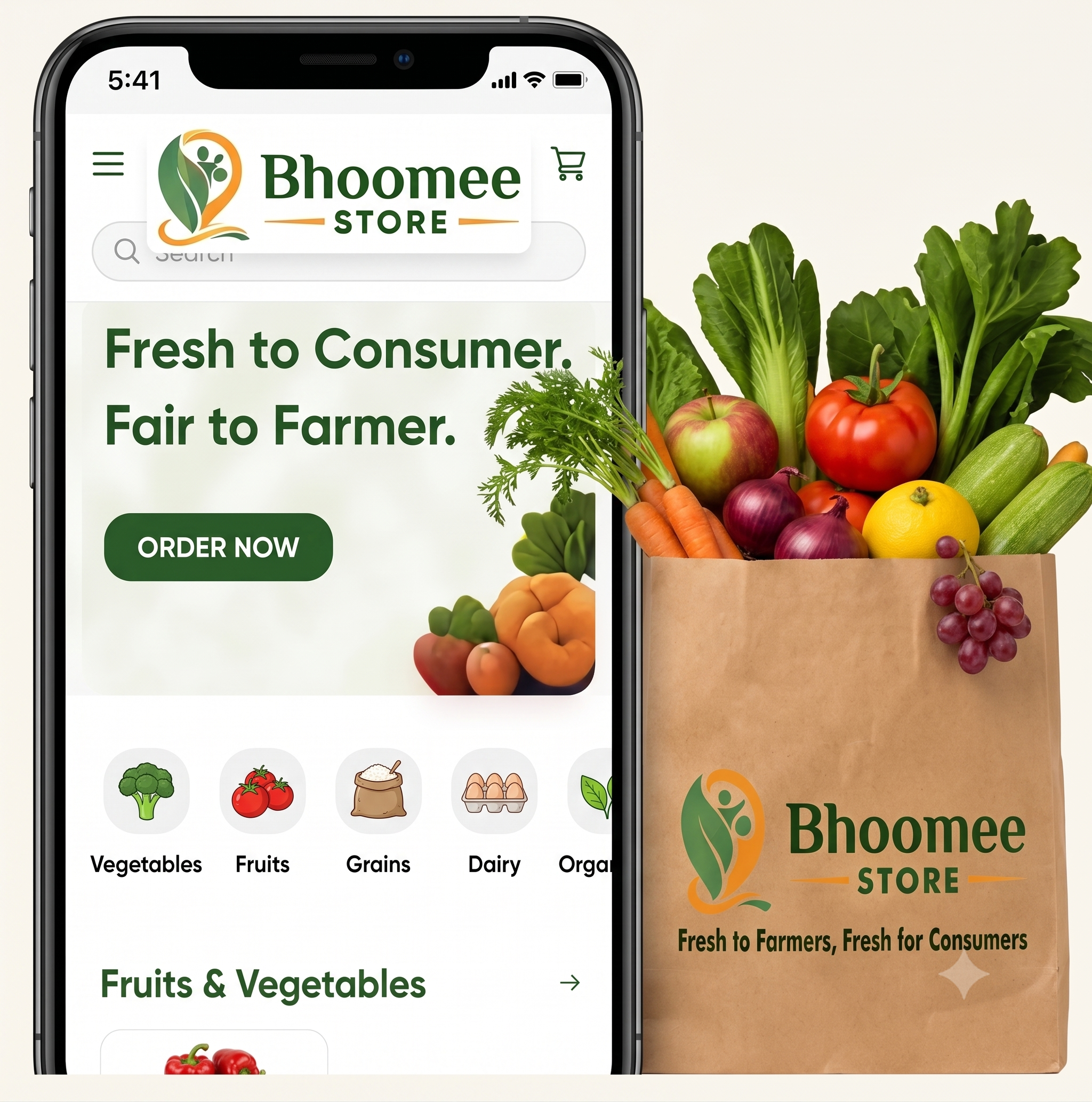 The Bhoomee ordering app on a phone next to a paper bag full of fresh vegetables