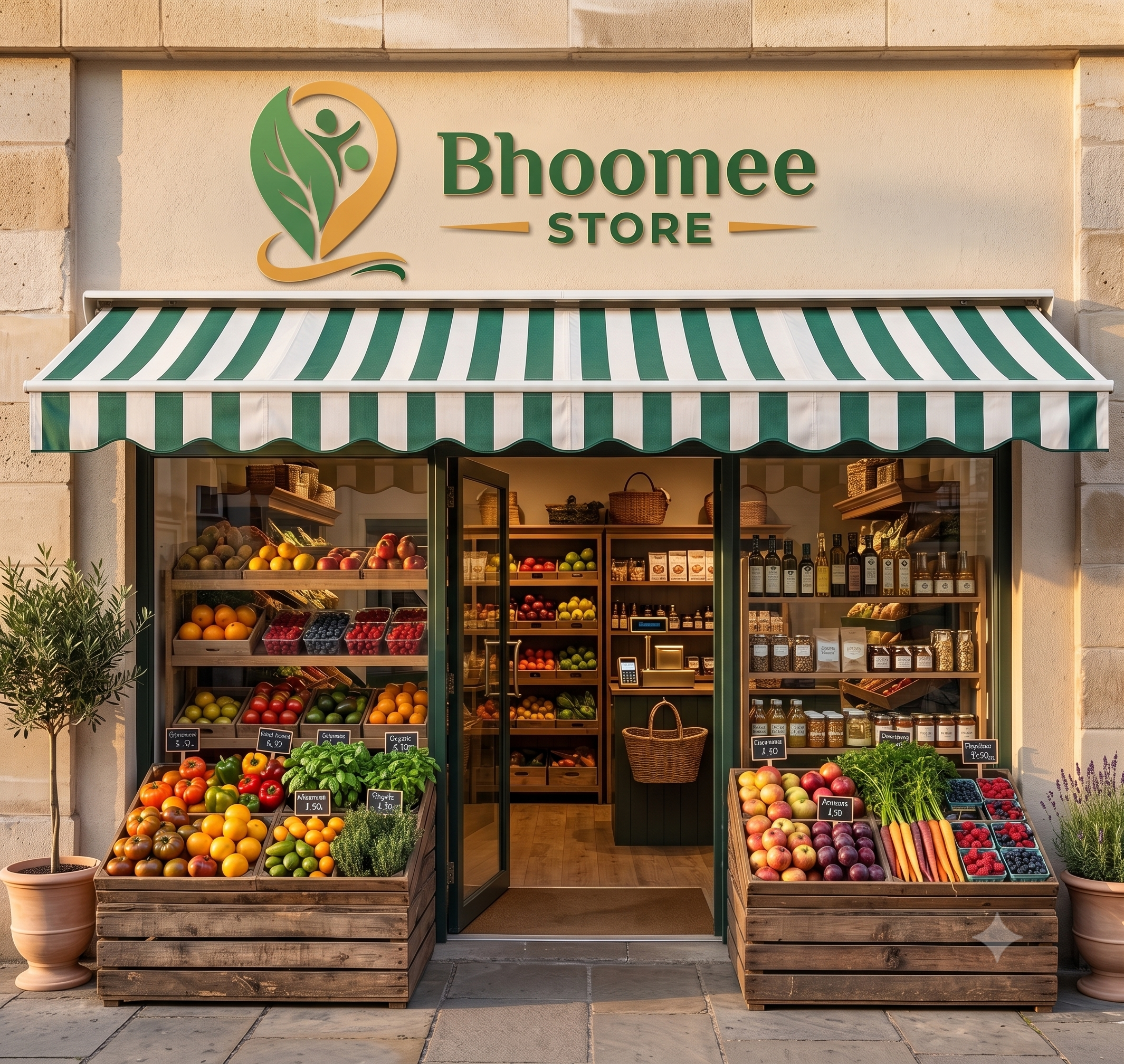 A Bhoomee Store neighbourhood storefront with fresh produce crates under a striped awning